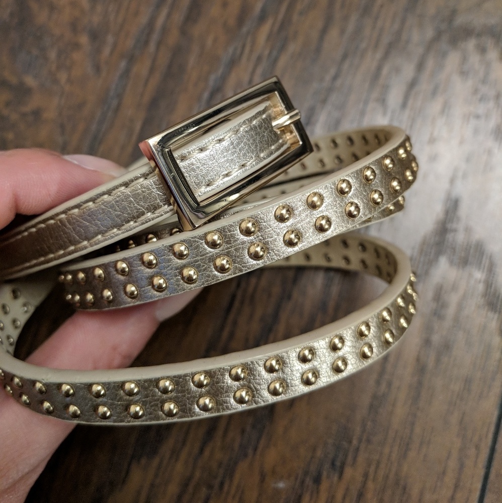 Gold Leather Metallic Skinny Studded Belt